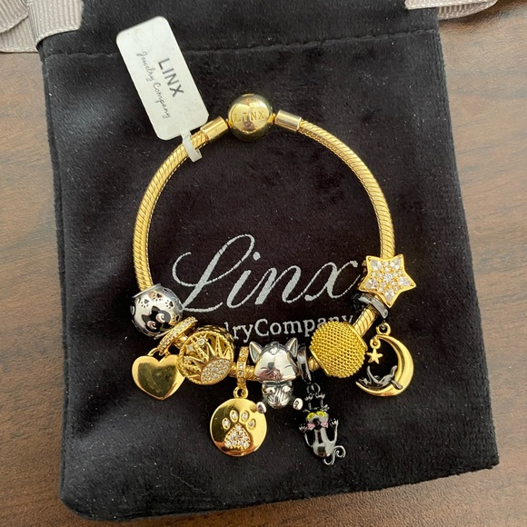 Linx Yellow Gold Snake Chain Bracelet with Black Cat Themed Charms